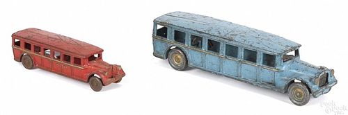 Two Arcade cast iron Fageol safety coach buses