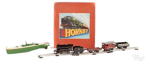 Hornby O gauge train set and clockwork speedboat