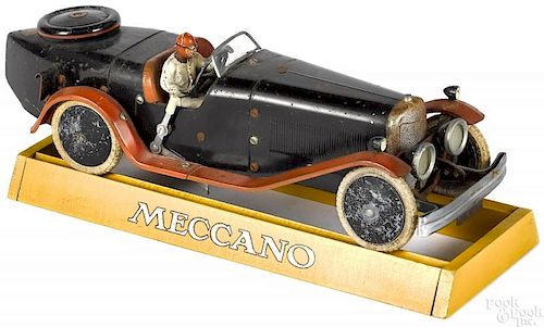 Meccano steel construction kit clockwork race car