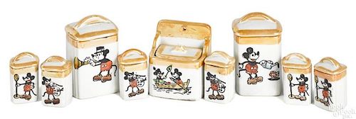 Scarce porcelain Mickey Mouse nine-piece canister