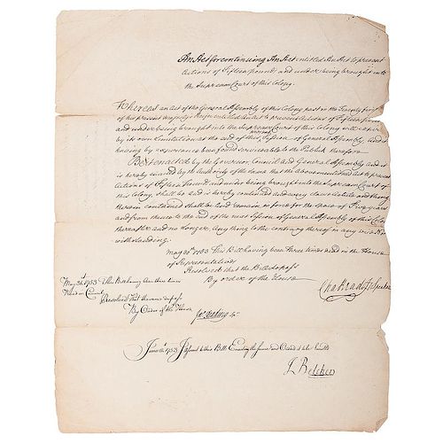 Jonathan Belcher, Rarely Encountered Manuscript Document Signed as Governor of New Jersey, 1753