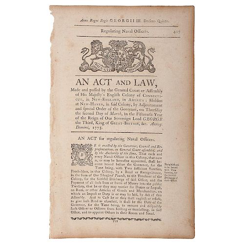 Birth of the American Navy, Colonial Act for Regulating Naval Officers, 1775 Imprint Issued by King George III