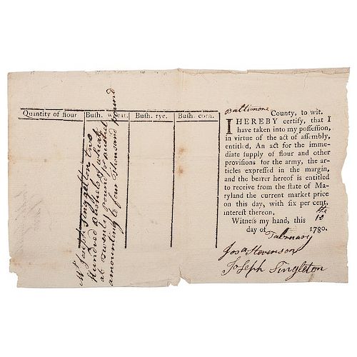 1780 Maryland Revolutionary War Supply Document