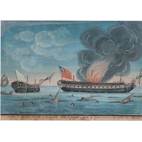 Revolutionary War Maritime Art, 1779 Battle Between French Ally Naval Frigate Surveillante and British Frigate Quebec