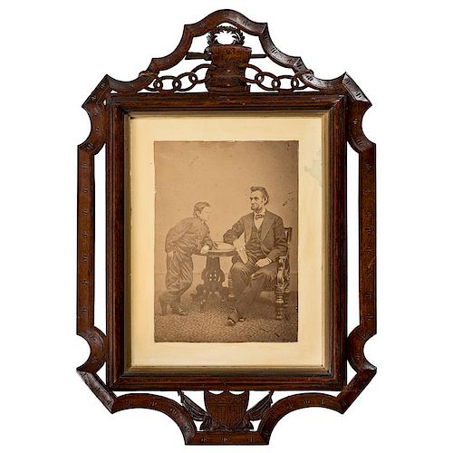 Abraham Lincoln and his Son Tad, Last Formal Photograph of the President, in Exceptional Folk Art Carved Emancipation Proclam
