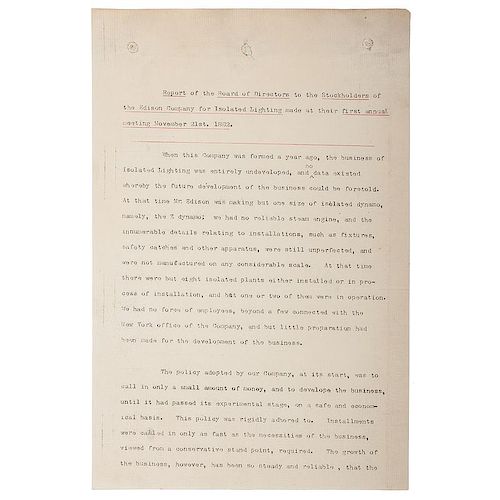 Edison Electric Company, First President Charles L. Clarke's Personal Report of the Board of Directors, November 1882