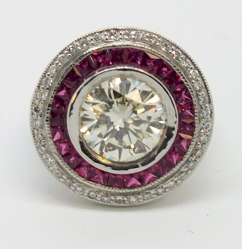 18K White Gold Ring with Rubies and Diamonds 1.0 to 3.17 Carat Diamonds M-SI French Cut Ruby Baguettes 2 Carats