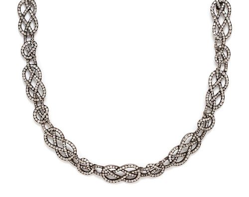 A Victorian Silver, Gold and Diamond Savoy Knot Necklace, Circa 1880, 33.50 dwts.