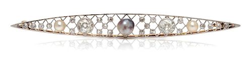 An Edwardian Platinum Topped Gold, Diamond and Pearl Bar Brooch, 6.40 dwts.