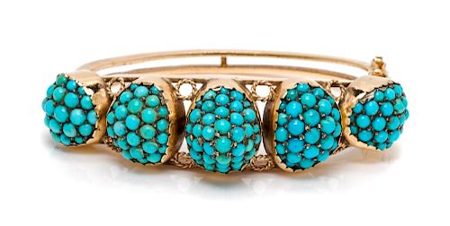 A Yellow Gold and Turquoise Bangle Bracelet, 30.30 dwts.