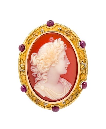 A Victorian 18 Karat Tricolor Gold, Carved Agate Cameo and Ruby Brooch, French, 10.90 dwts.