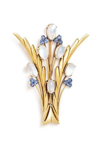 A Yellow Gold, Moonstone and Sapphire Brooch, Tiffany & Co., Circa 1950, 11.50 dwts.