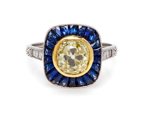 A Platinum, Colored Diamond, Diamond and Sapphire Ring, 3.50 dwts.