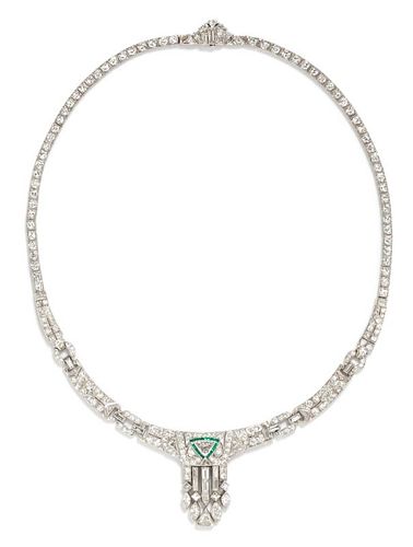 An Art Deco Platinum, Diamond and Emerald Necklace, 29.90 dwts.
