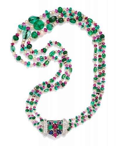 A Fine Multistrand Platinum, Emerald, Ruby, Pearl and Diamond Convertible Necklace/Brooch, 7.80 dwts. (clip brooch only)