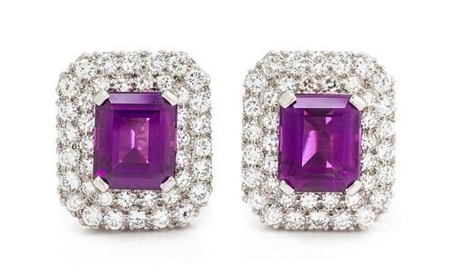 A Pair of White Gold, Amethyst and Diamond Earclips, 9.30 dwts.