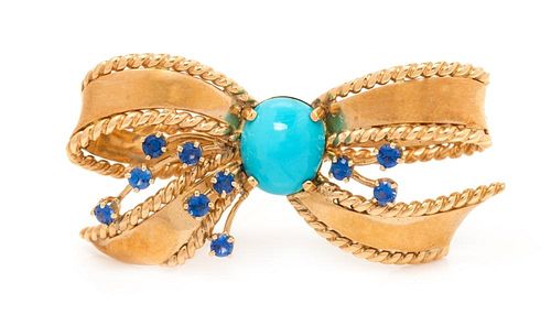 A Yellow Gold, Turquoise, and Sapphire Bow Brooch, 10.70 dwts.