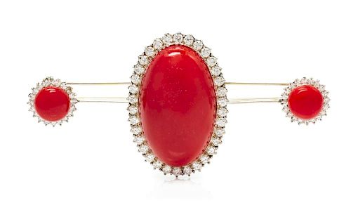 A White Gold, Coral and Diamond Brooch, 15.50 dwts.