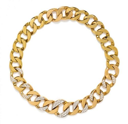 A Yellow Gold, Platinum and Diamond Curb Link Necklace, Cartier, 117.10 dwts.
