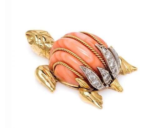 An 18 Karat Yellow Gold, Platinum, Coral and Diamond Turtle Brooch, 13.00 dwts.
