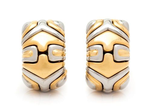 A Pair of 18 Karat Yellow Gold and Stainless Steel "Alveare" Earclips, Bvlgari, 18.10 dwts.