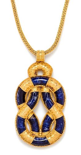 A 22 Karat Yellow Gold and Sodalite "Hercules Knot" Pendant and Chain, Lalaounis, Circa 1970, 61.00 dwts.