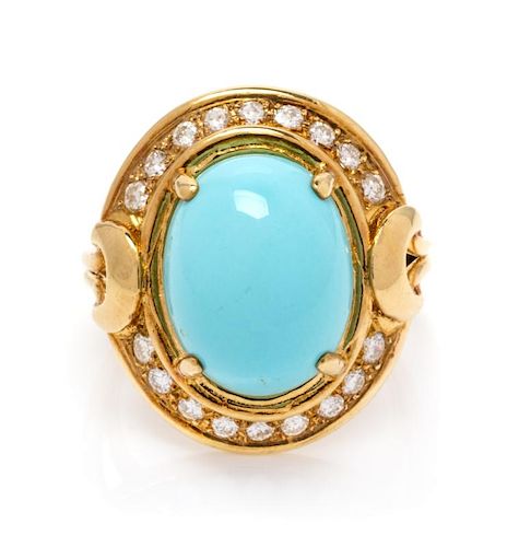 An 18 Karat Yellow Gold, Turquoise and Diamond Ring, 5.80 dwts.