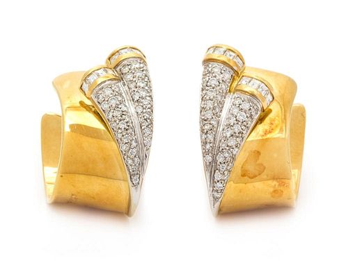 A Pair of 18 Karat Yellow Gold and Diamond Earclips, 17.20 dwts.