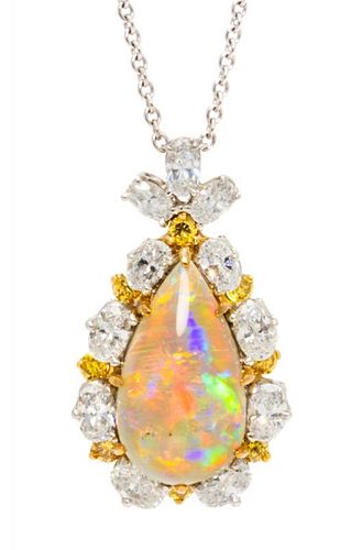 An 18 Karat Yellow Gold, Platinum, Opal, Colored Diamond and Diamond Pendant, Oscar Heyman Brothers, 6.20 dwts.