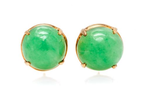 A Pair of Yellow Gold and Jadeite Earrings, 7.00 dwts.