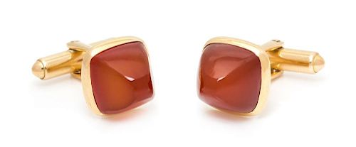A Pair of Yellow Gold and Carnelian Cufflinks, Larter & Sons, 6.70 dwts.