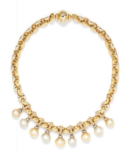An 18 Karat Bicolor Gold, Cultured Pearl and Diamond Necklace, 71.50 dwts.