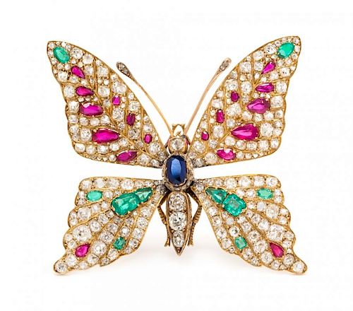 A Fine 18 Karat Yellow Gold, Diamond, Sapphire, Ruby and Emerald Butterfly Brooch, French, 16.20 dwts.