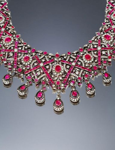 A Silver Topped Gold, Burmese Ruby and Diamond Bib Necklace, 91.50 dwts.