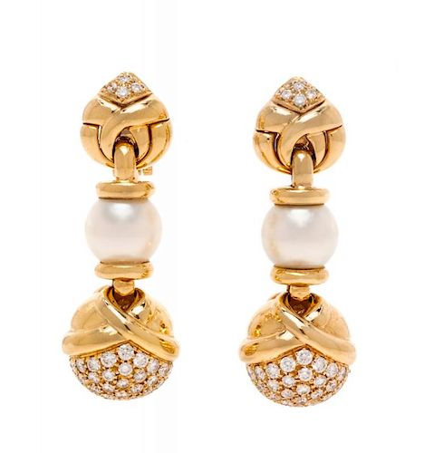 A Pair of 18 Karat Yellow Gold, Diamond and Cultured Pearl Earclips, Bvlgari, 15.00 dwts.