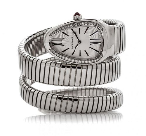A Stainless Steel and Diamond "Serpenti" Tubogas Wristwatch, Bvlgari, 53.40 dwts.