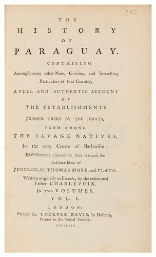 CHARLEVOIX, Pierre Francois Xavier de. History of Paraguay... London, 1769. 2 volumes. FIRST EDITION in English.