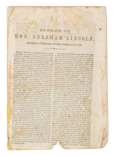 LINCOLN, Abraham (1809-1865) Speech of Hon. Abraham Lincoln, Delivered in Springfield, Saturday Evening, July 17, 1858. [ca 1