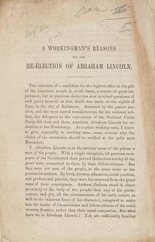 [LINCOLN] A Workingman's Reasons for the Re-election of Abraham Lincoln. N.p.: n.p., [1864]. FIRST EDITION.