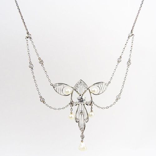 Antique Edwardian Old European Cut Diamond, Seed Pearl and Platinum Pendant with Modern 14 Karat White Gold and Diamond Chain