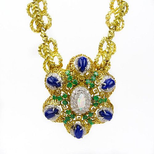 Large Vintage Approx. 3.00 Carat Emerald, 1.75 Carat Round Brilliant Cut Diamond, Cabochon Marquise Cut Opal, Pear Shape Lapi