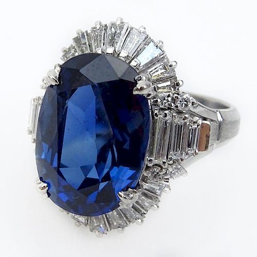 GIA Certified 9.84 Carat Natural Unheated Oval Cut Sapphire, 1.30 Carat Tapered Baguette and Round Brilliant Cut Diamond and