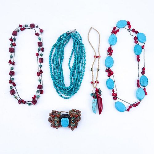 Five (5) Pieces Vintage Turquoise and Coral Costume Jewelry.
