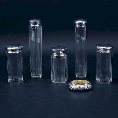 Five (5) Antique Glass Vanity Bottles with Sterling Silver Lids Plus One Lid (no bottle).