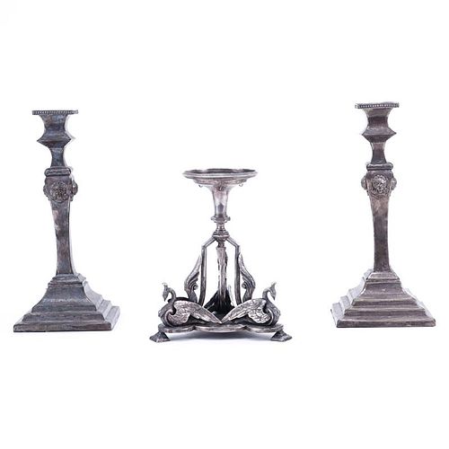 Collection of Three (3) Art Nouveau Silver Plate Candlesticks.