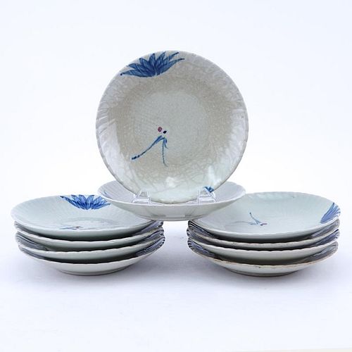 Set of Ten (10) Antique Japanese Celadon Plates with Crane Relief.