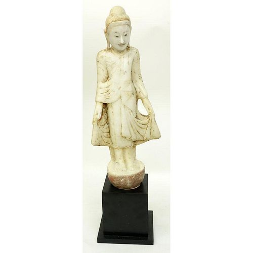 19/20th Century Burmese Mandalay Standing Buddha Alabaster Sculpture Mounted in Fitted Base.