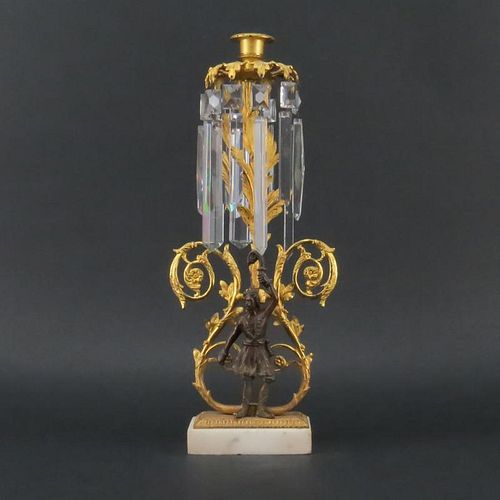 Antique Bronze And Crystal Figural Candlestick.