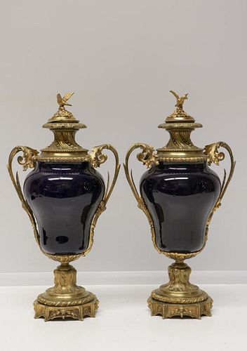 Pair of Cobalt Porcelain Bronze Vases