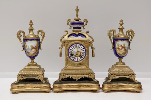 French Cobalt Porcelain and Bronze Clock Set